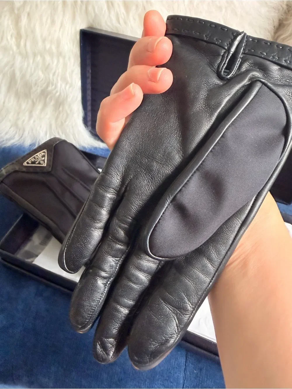 Prada Black Nylon leather Logo Gloves for Men — Triangular Badge